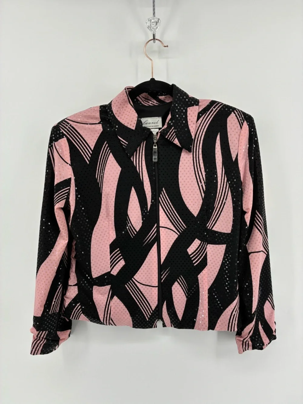 Vintage Abstract Pink & Black Zip Front Party Jacket Reflective Details - Picture 3 of 12